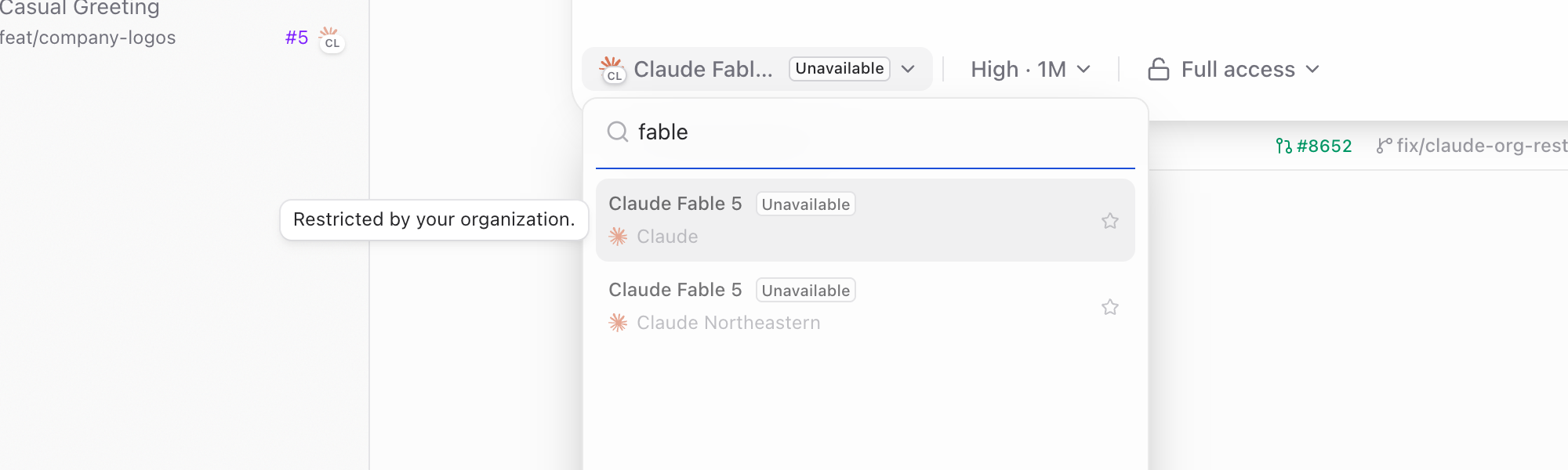 Model picker after, both Fable 5 rows disabled with the reason Restricted by your organization