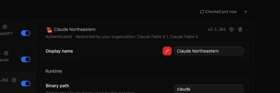 Provider status detail reading Authenticated · Restricted by your organization: Claude Fable 5.1, Claude Fable 5.
