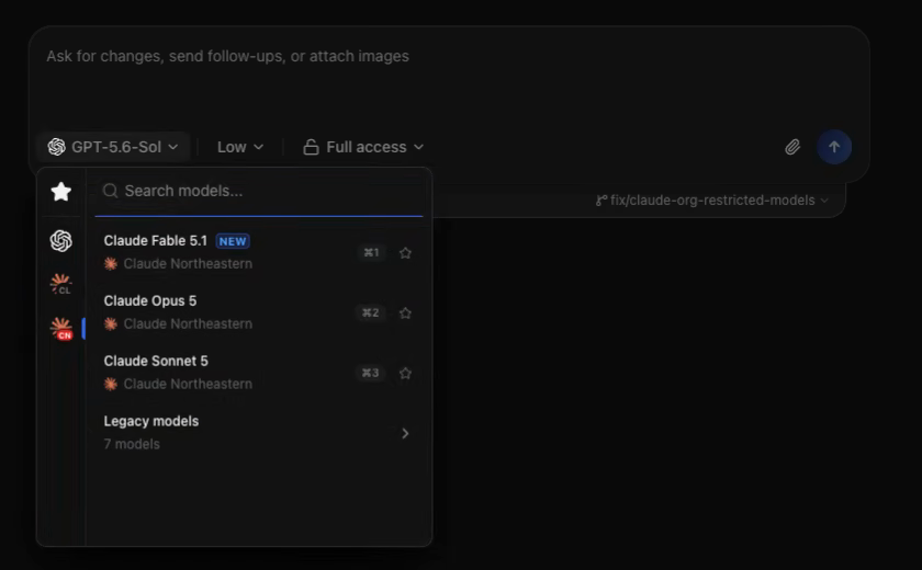 Model picker before, Claude Fable 5.1 listed and selectable on the restricted account