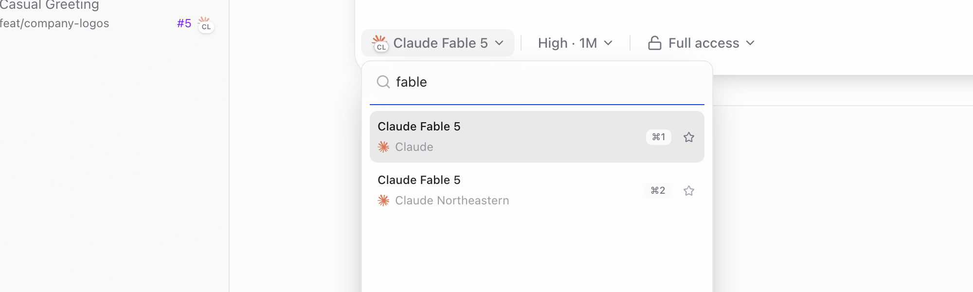 Model picker before, both Fable 5 rows selectable with jump shortcuts