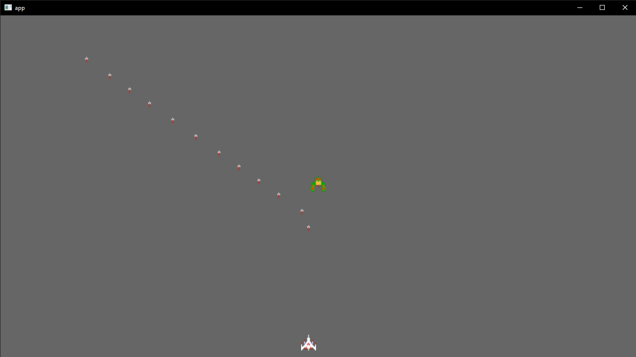 Screenshot of the Bevy Galaga game running natively on desktop. A galaga ship is seen on bottom of screen, a green bug enemy is in middle, and several projectiles fly upwards