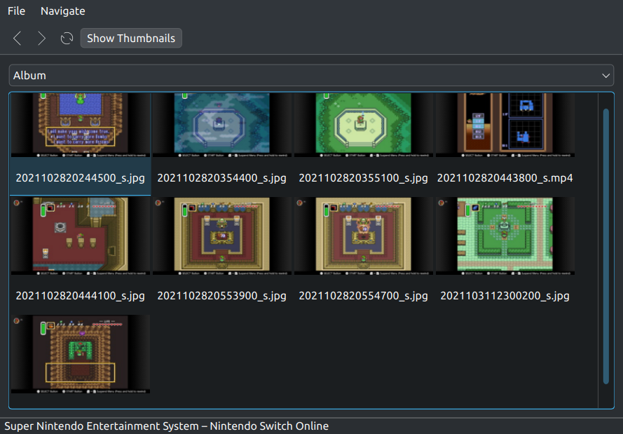 Nintendo Switch MTP connection and device-generated thumbnails. AFTL Screenshot