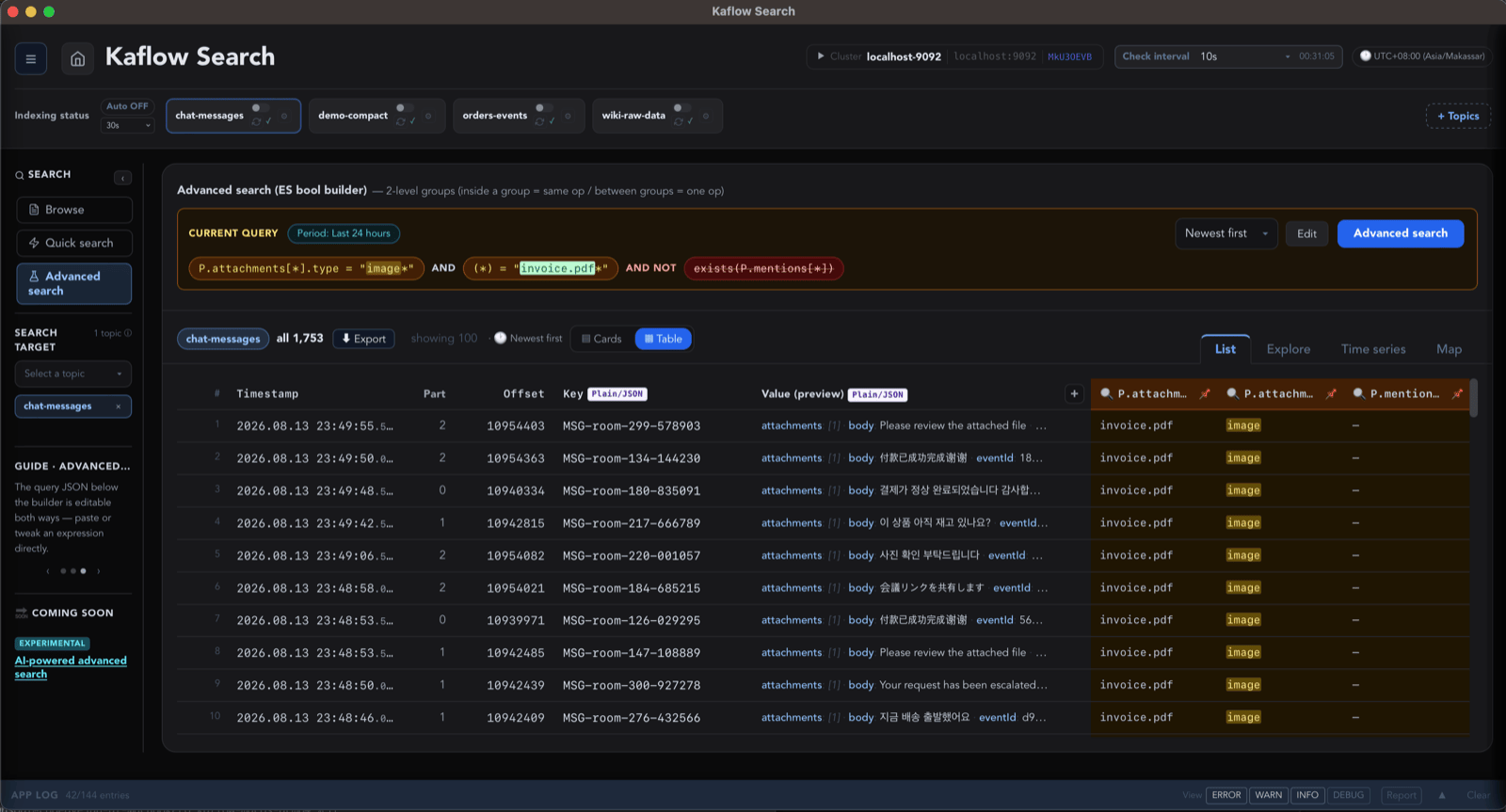 Advanced search — AND/OR/NOT conditions over nested JSON fields, with matching results below