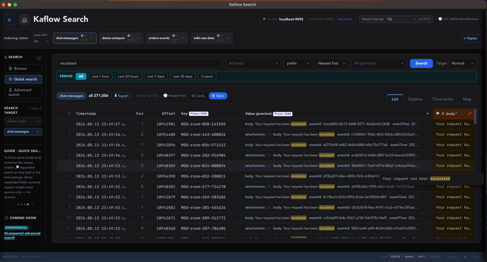 Keyword search results, with matches highlighted
