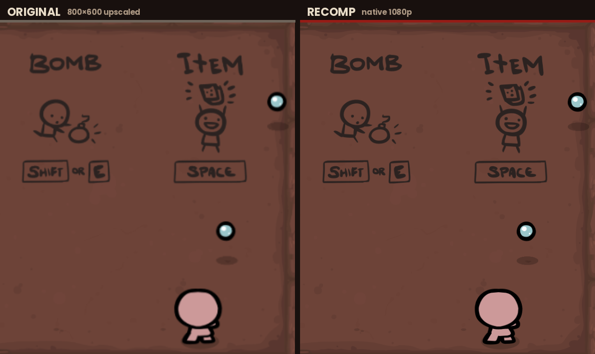 Comparação oficial do IsaacRecomp entre a imagem antiga ampliada e a renderização nativa de The Binding of Isaac