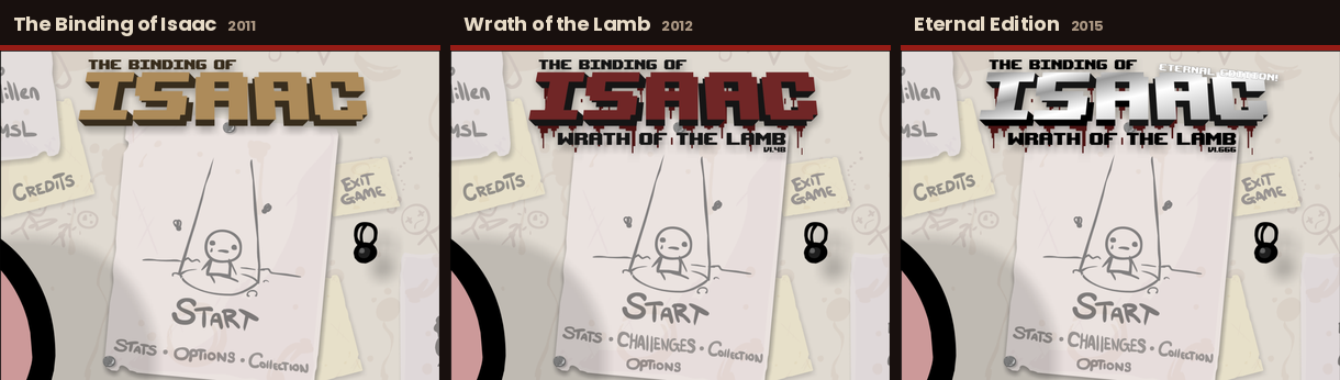 Imagens oficiais das edições Original, Wrath of the Lamb e Eternal Edition reconhecidas pelo IsaacRecomp