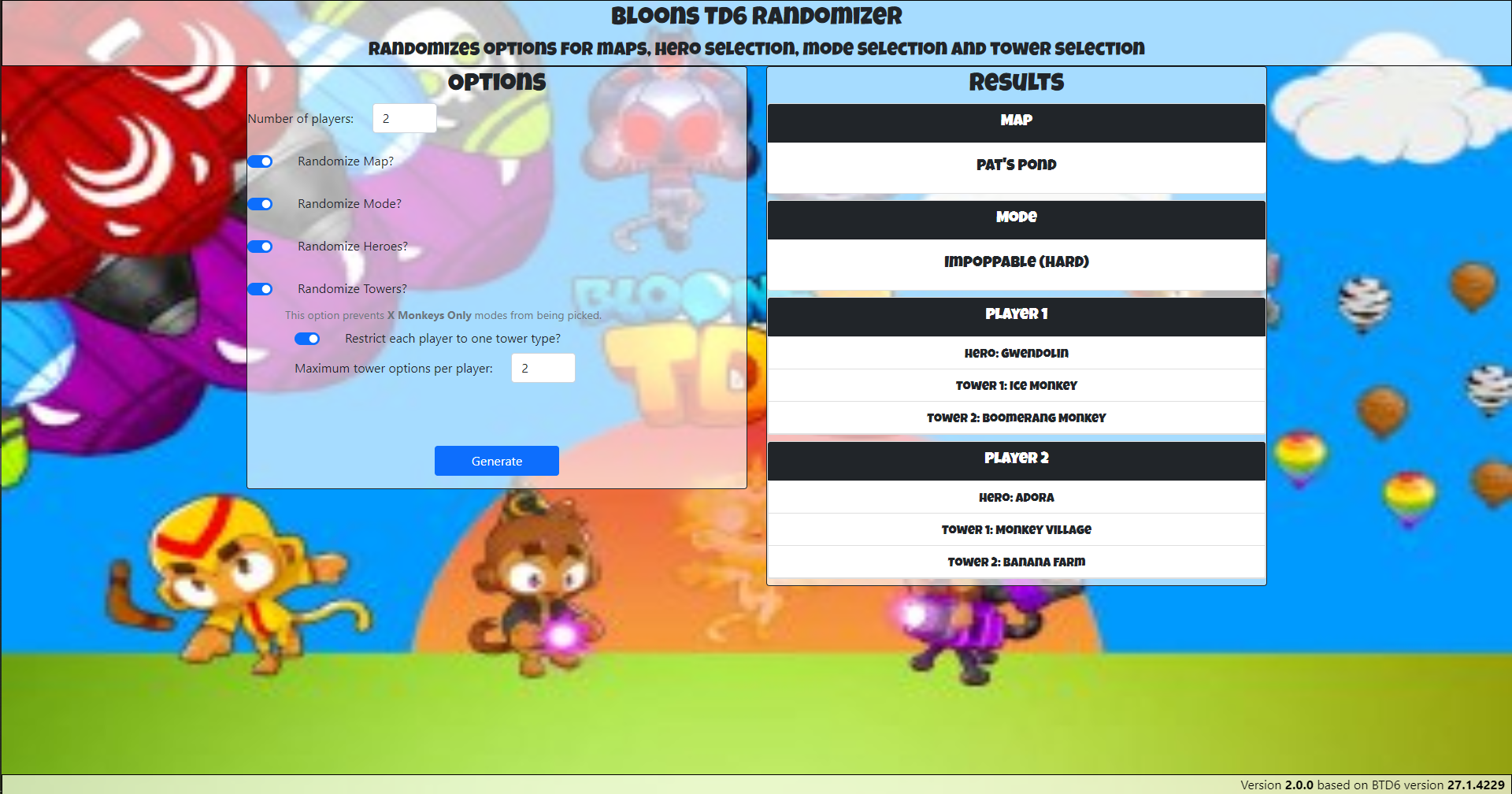 Image of the Bloons Tower Defense 6 Randomizer with generated results for 2 players, a random map, game mode and heroes and 2 towers for each player