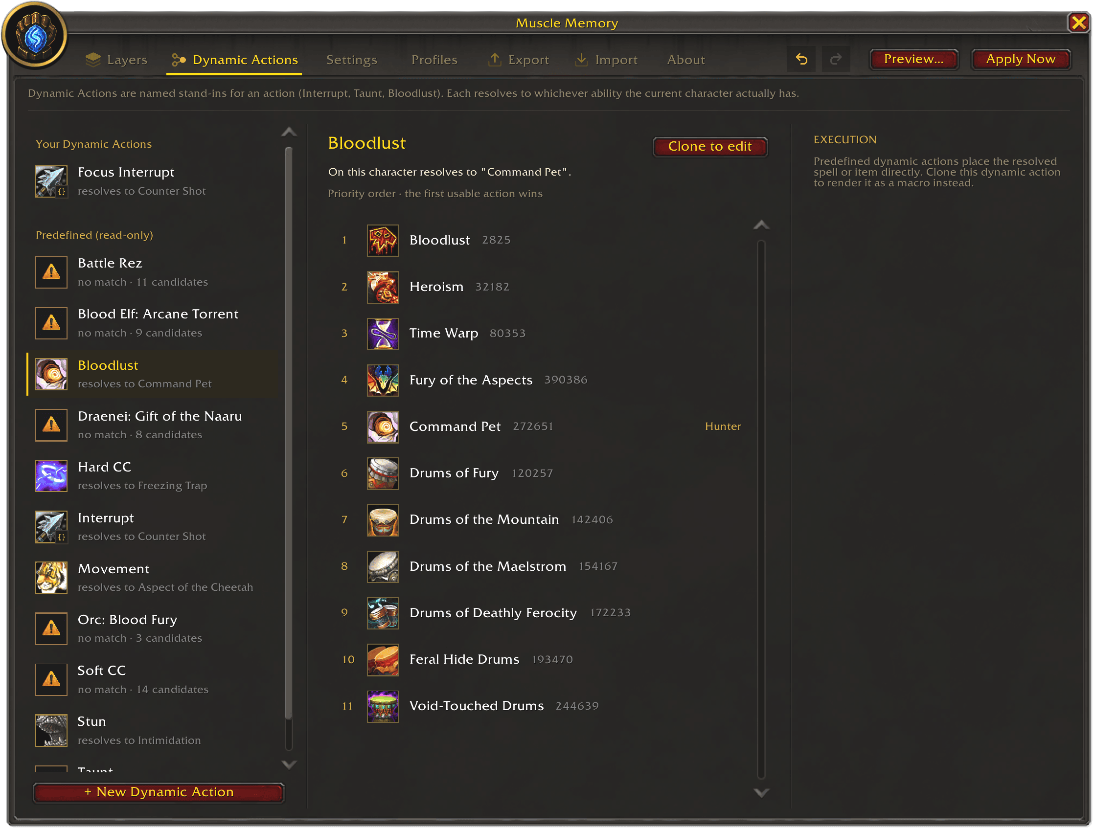 Muscle Memory smart actions tab