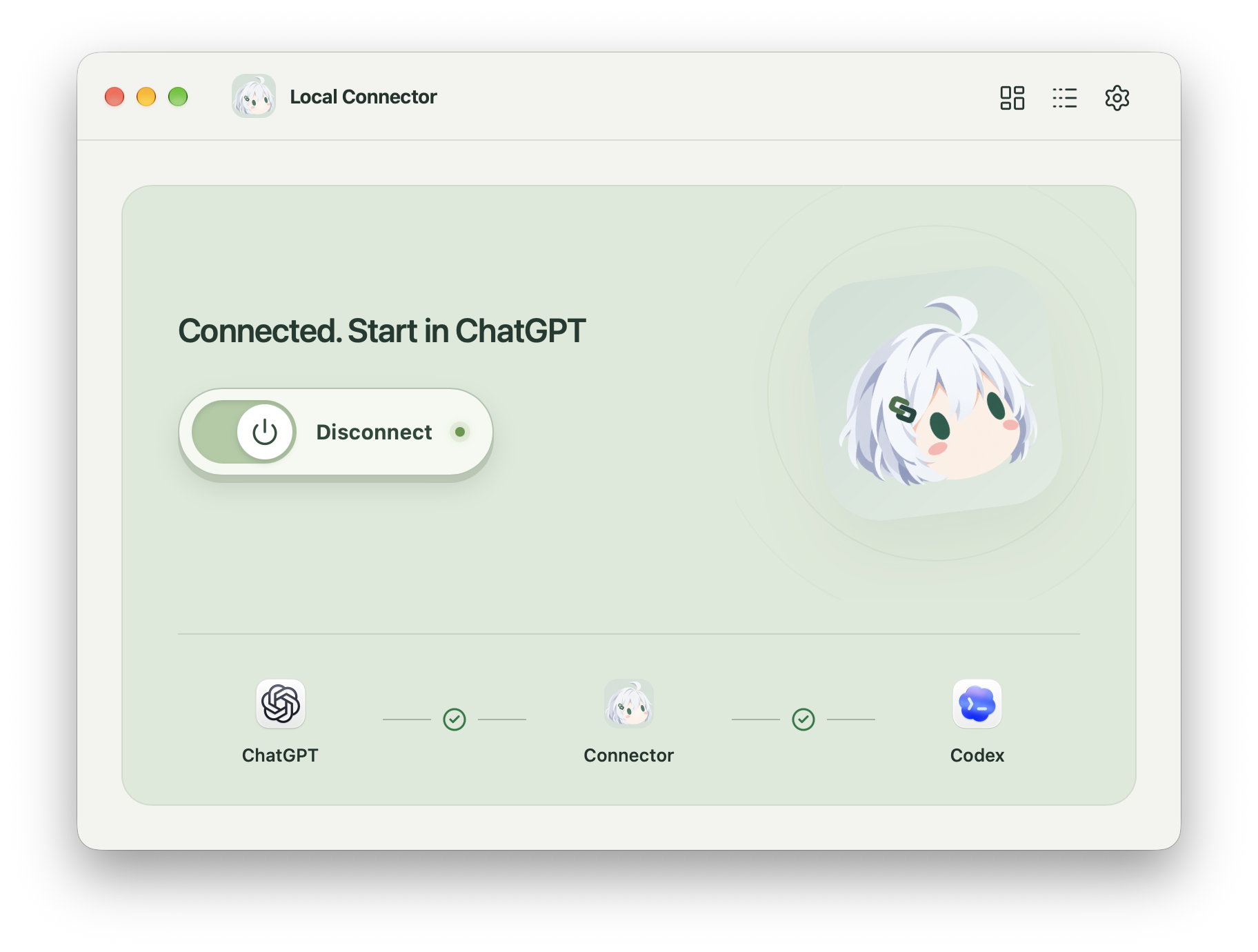 Local Connector home screen showing ChatGPT, Connector, and Codex connected