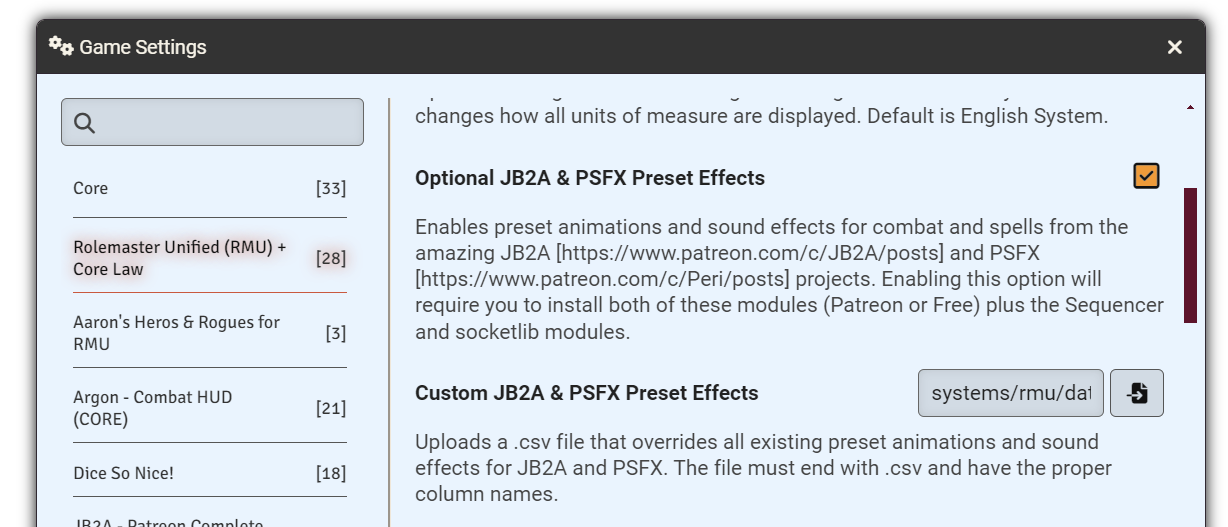 Game Setting for enabling JB2A and PSFX Preset Effects