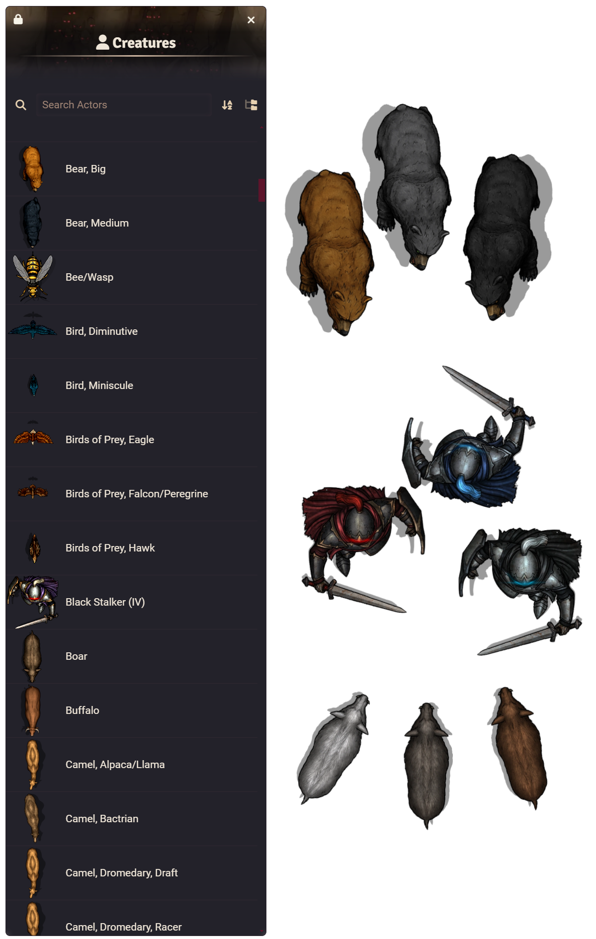 Creature Law compendium showing FA tokens and example tokens dragged onto scene showing random image selection
