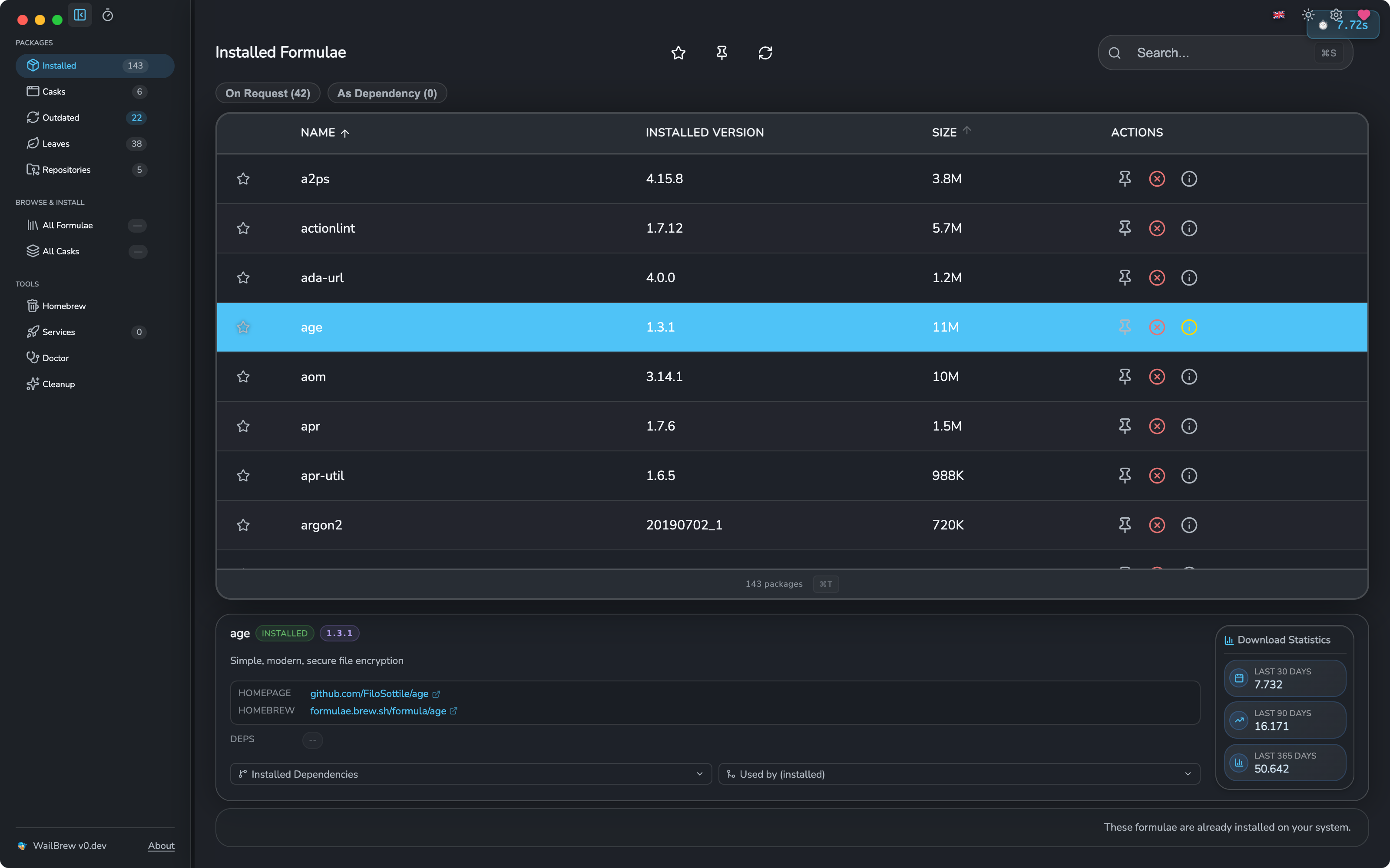 WailBrew - Homebrew GUI showing installed formulae, casks, and available updates on macOS