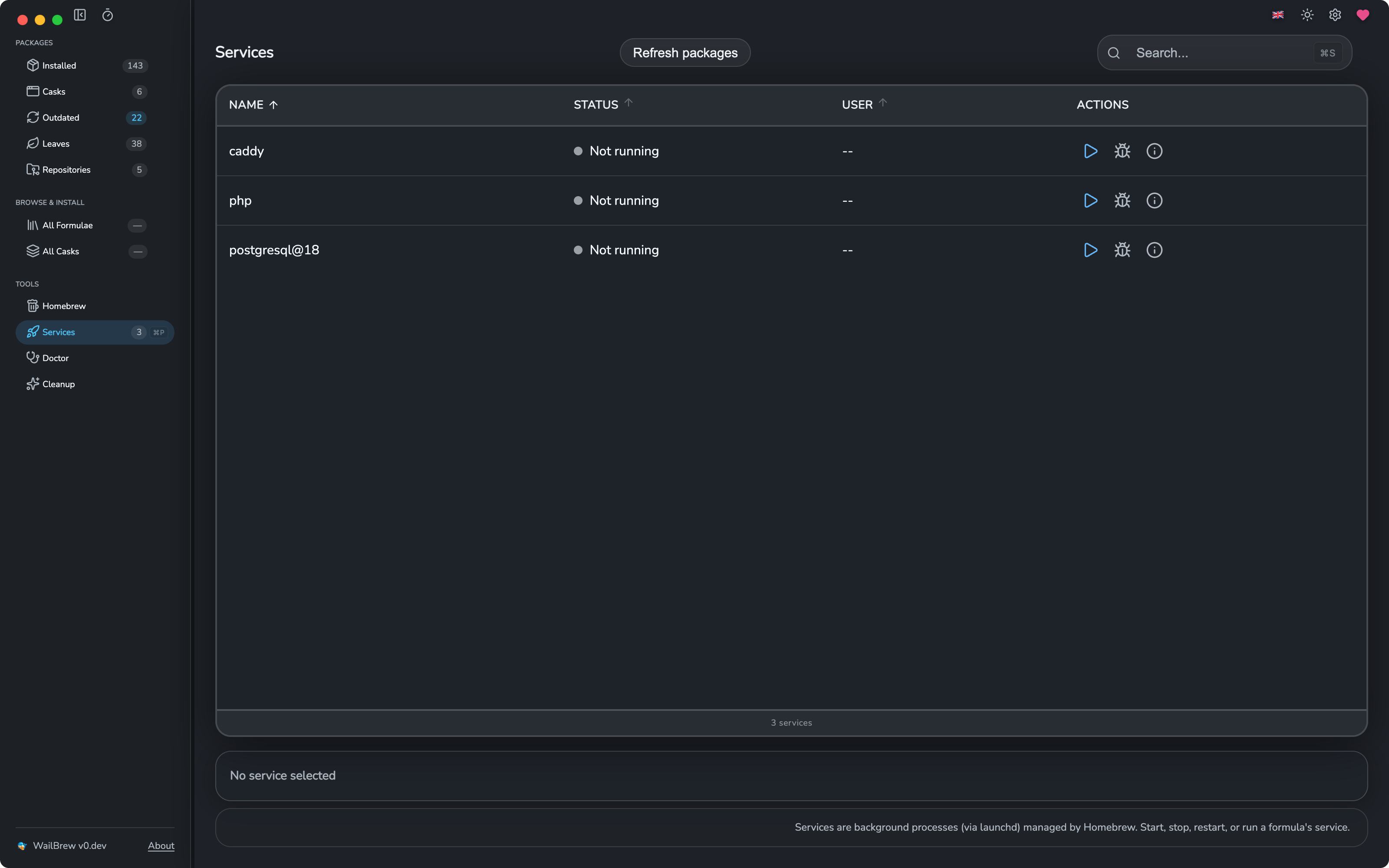 WailBrew Services view - managing Homebrew services