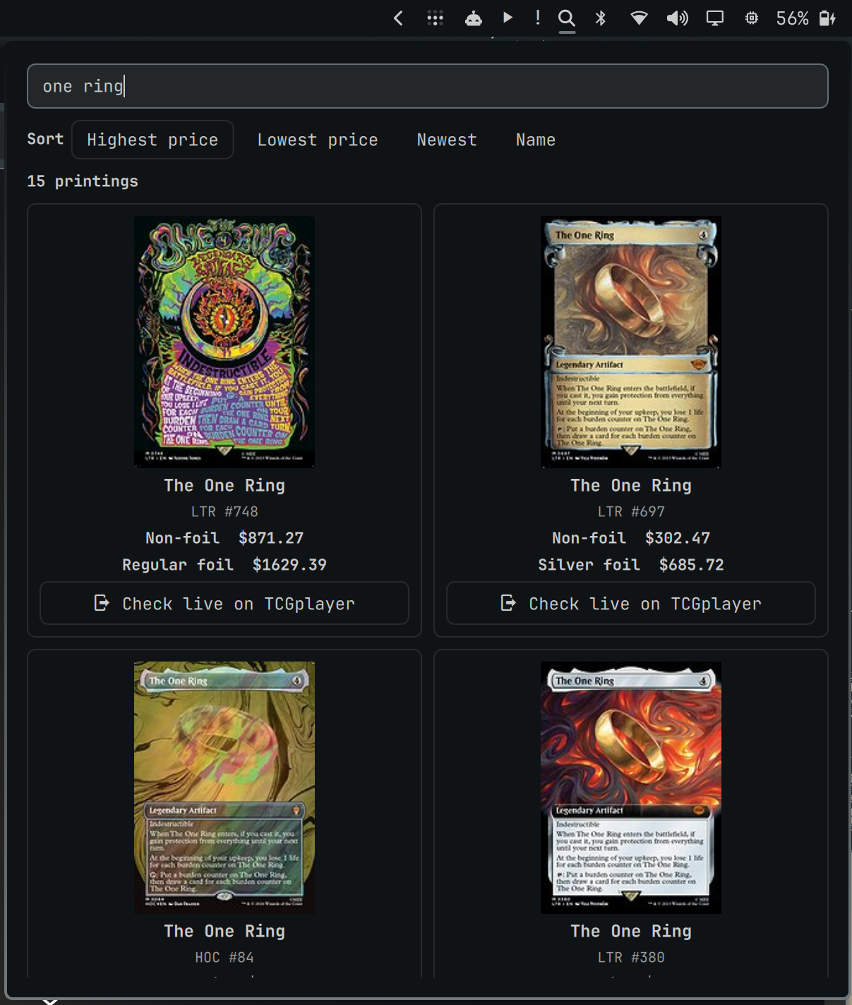 Magic card search results for The One Ring