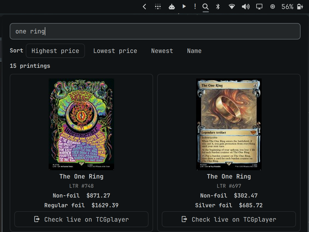 TCG Player Search showing Magic card printings and prices
