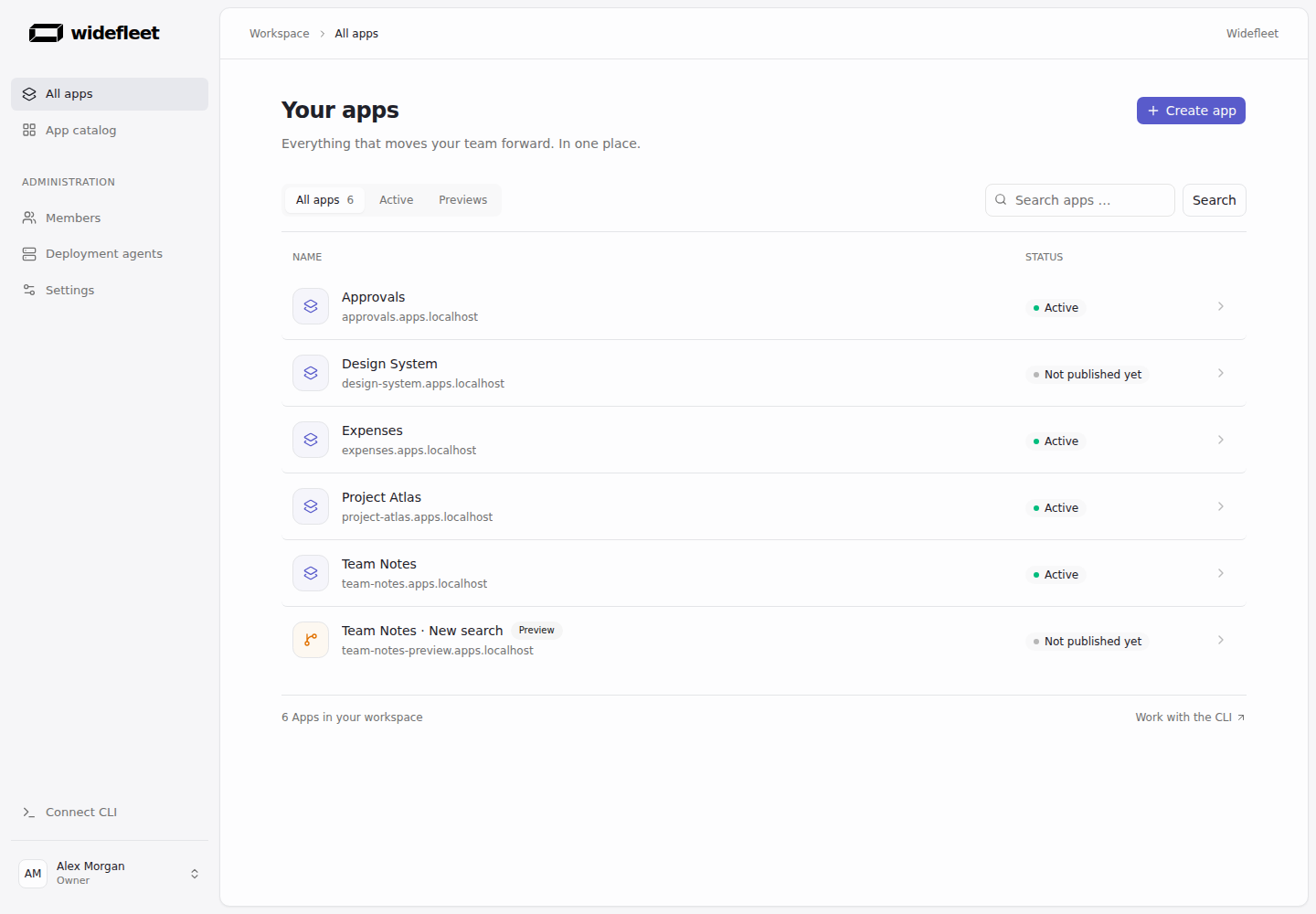 Widefleet management showing apps, deployment status and an isolated preview