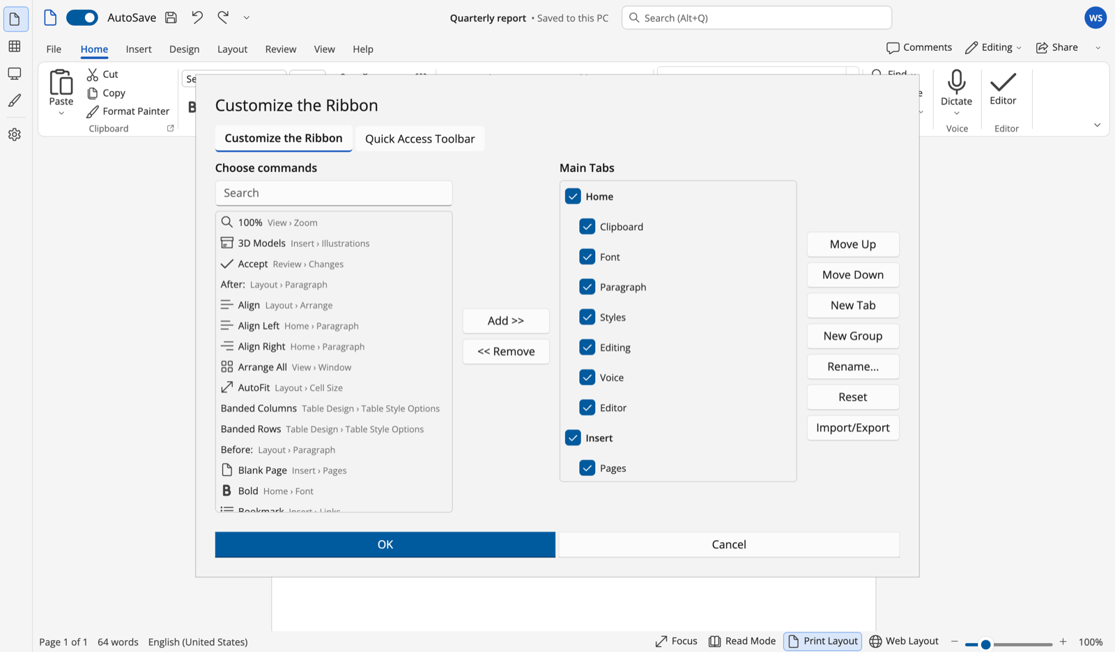 Customize dialog