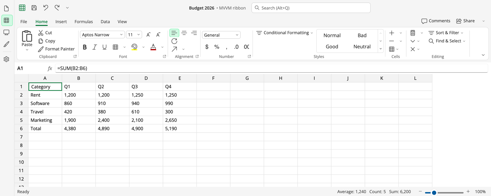 Excel style MVVM ribbon