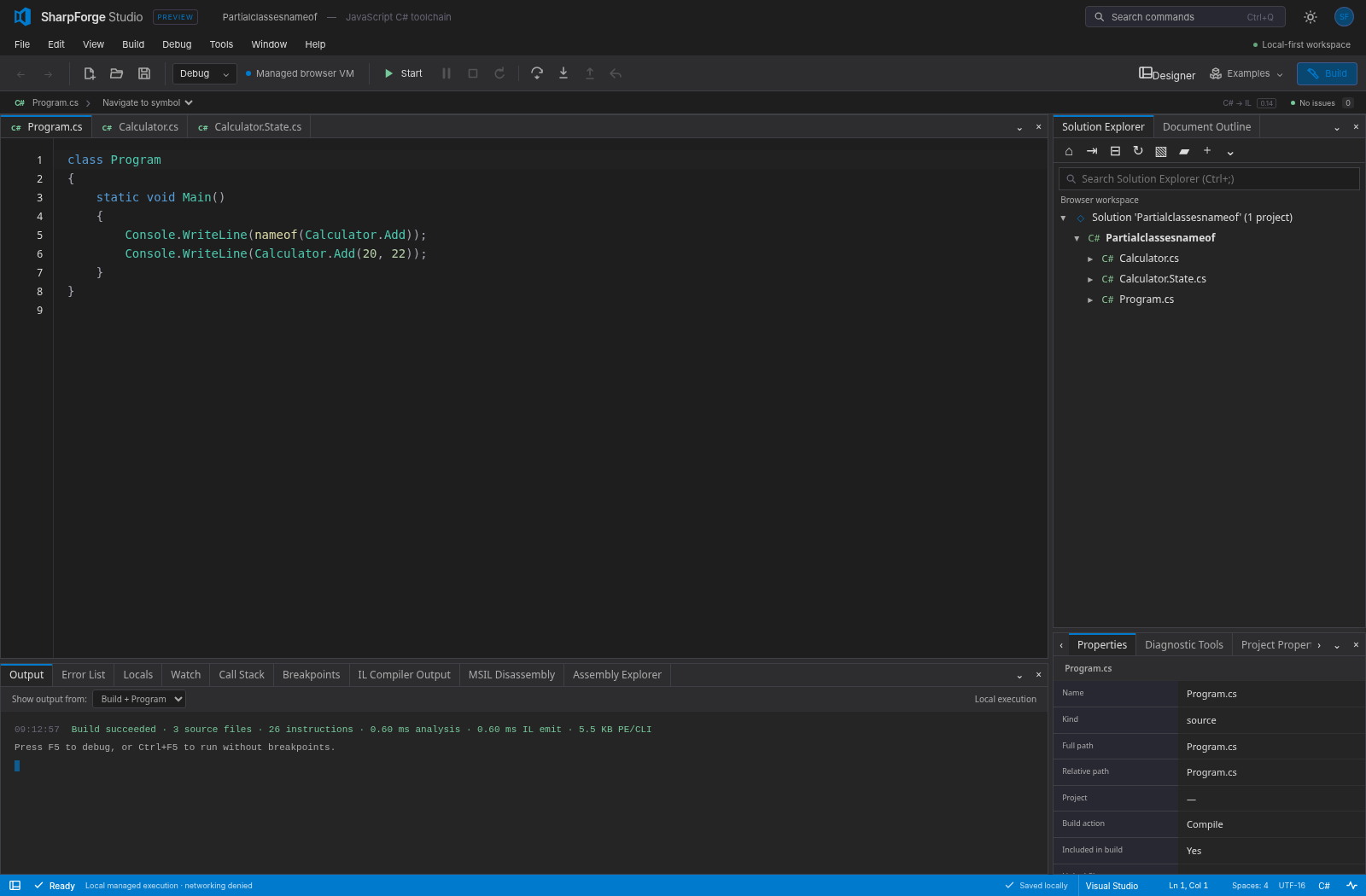 SharpForge Studio: editor, Solution Explorer, running application and debugger tools
