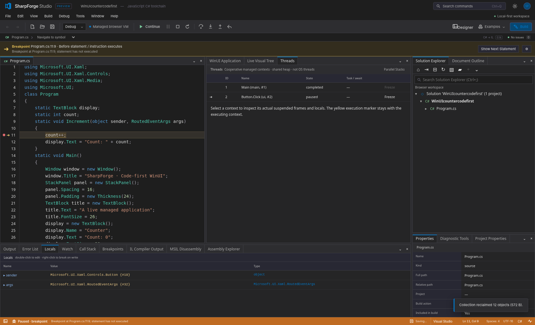 Debugger with breakpoints, locals and call stack