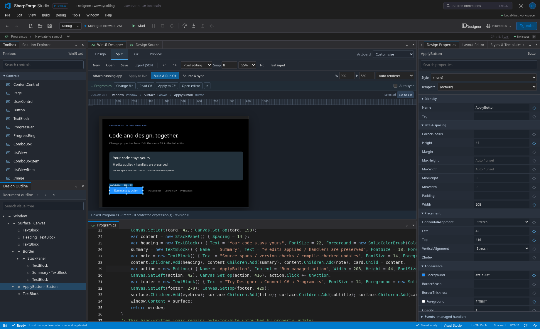 Visual designer synchronised with C# source