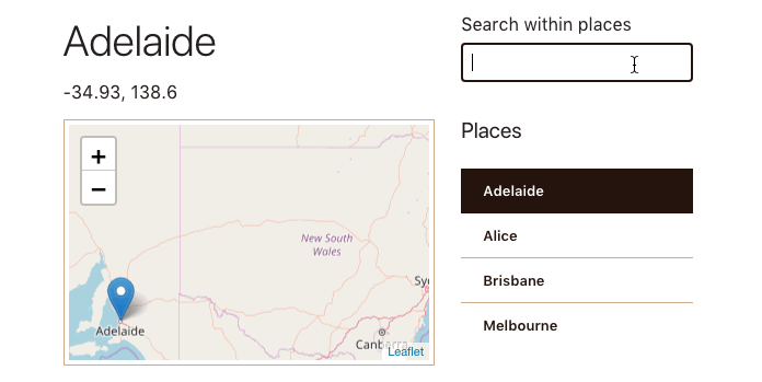 Animated GIF showing an example of map being updated and centered on a place in a list of Australian cities.