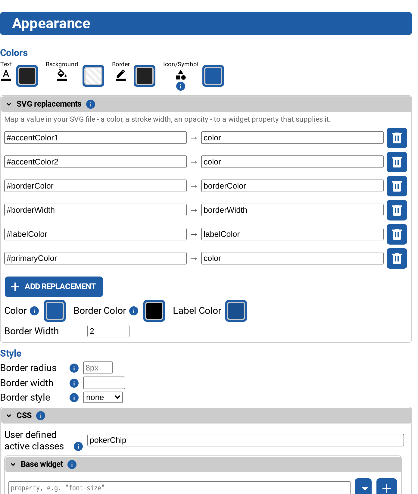 The Appearance section, with SVG replacements