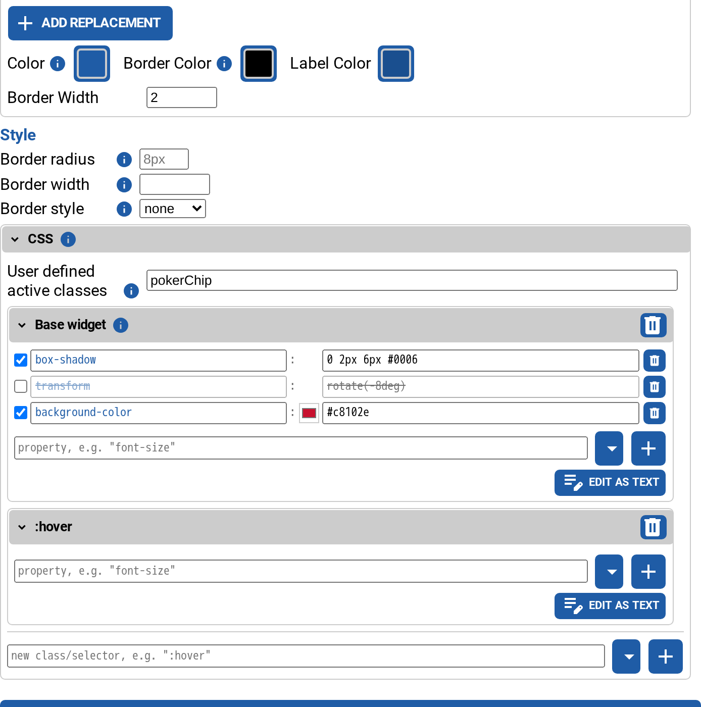The CSS editor, with declaration rows