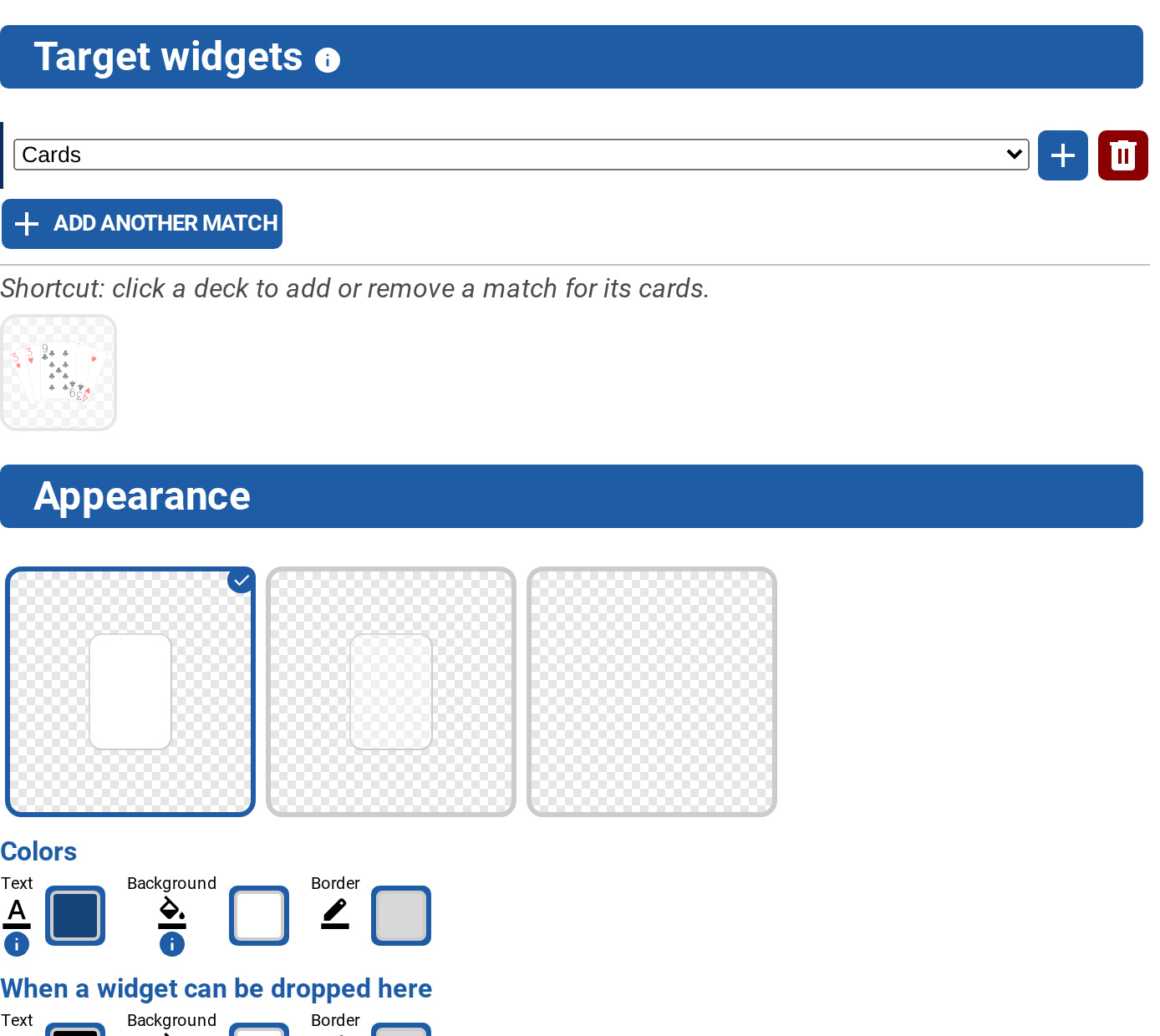 The Target widgets editor of a holder