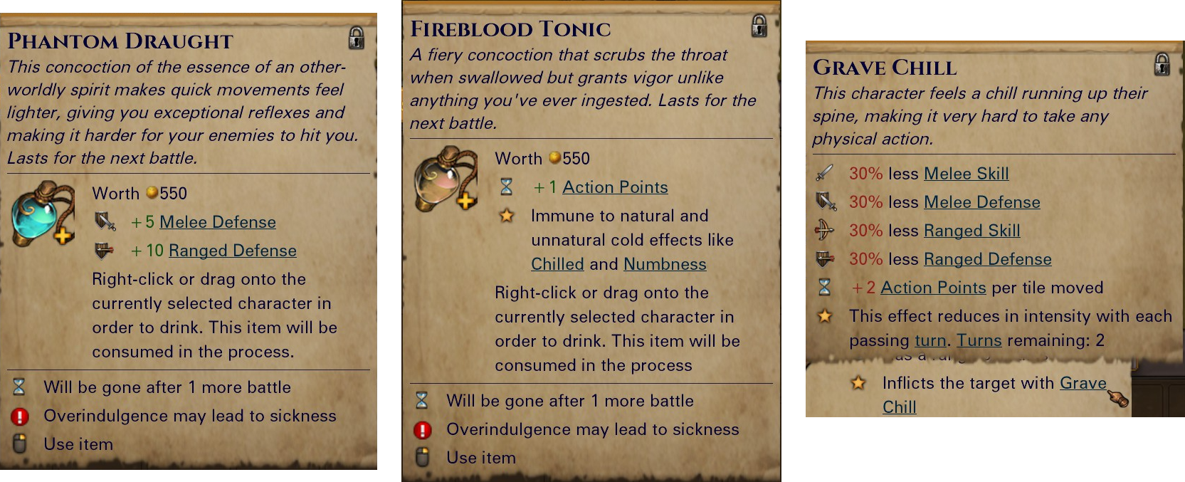 Shows tooltips of Fireblood Tonic, Gravedust Pot and Grave Chill effect.