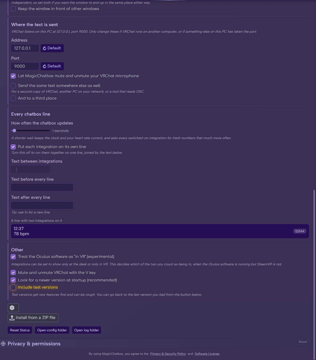 The App options section (continued)