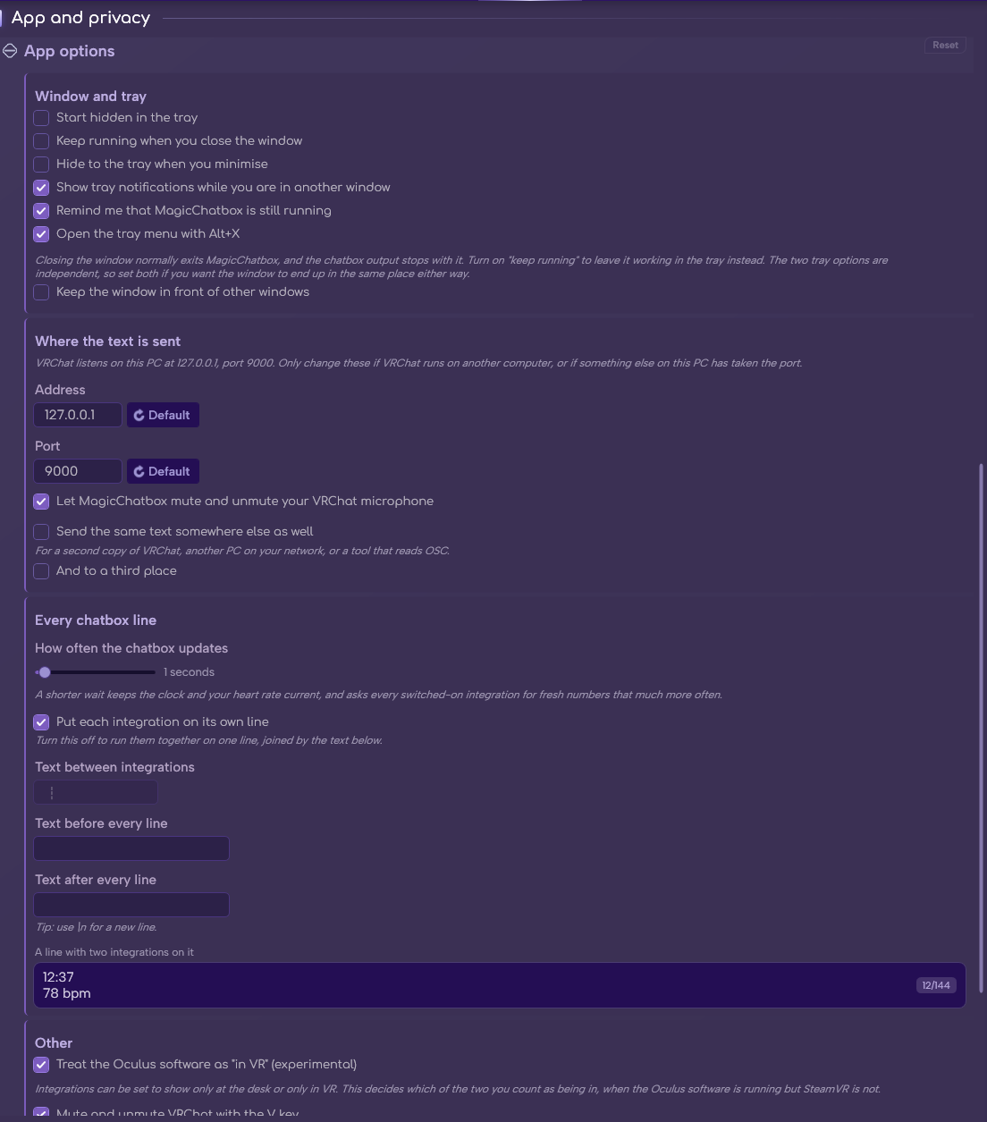 The App options section