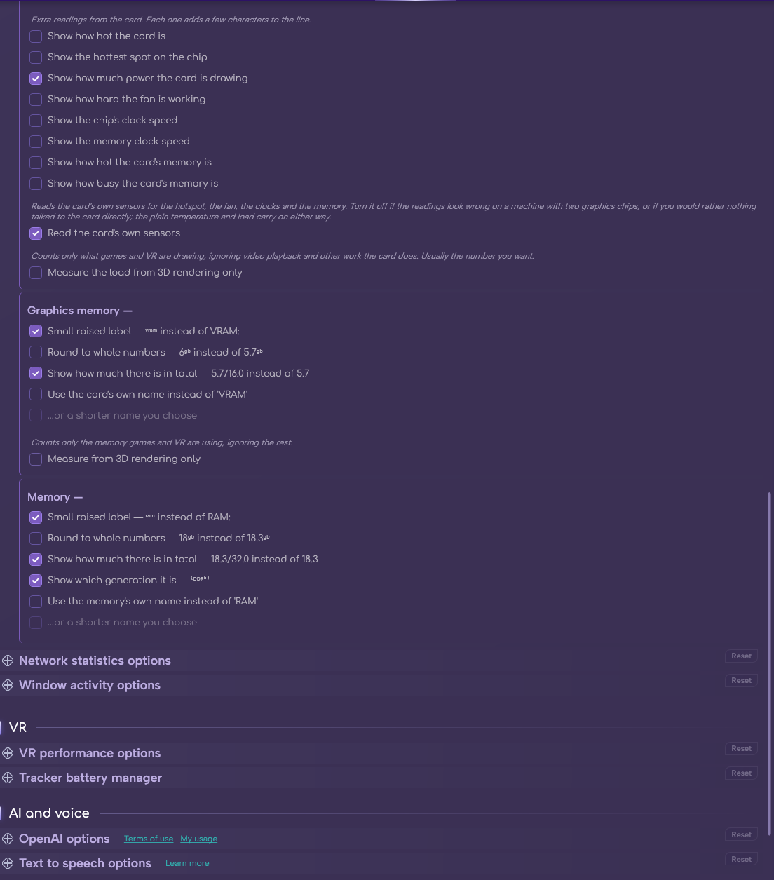The Component stats section in Options (continued)