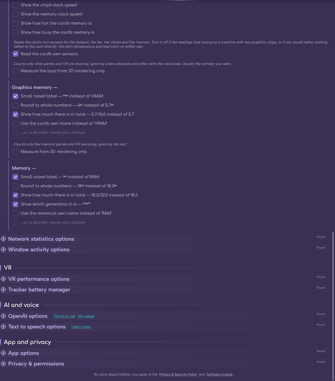 The Component stats section in Options (continued)