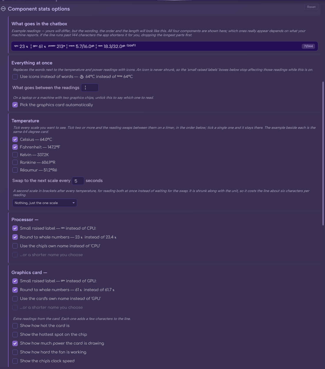 The Component stats section in Options