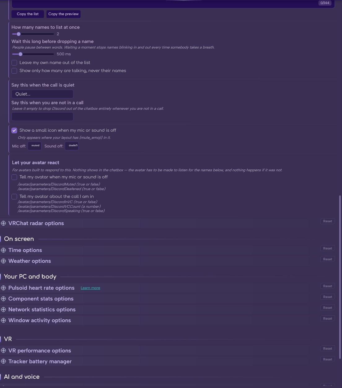 The Discord section in Options (continued)
