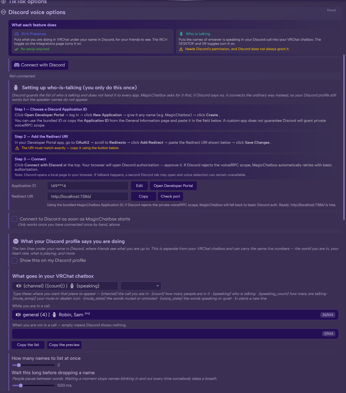 The Discord section in Options