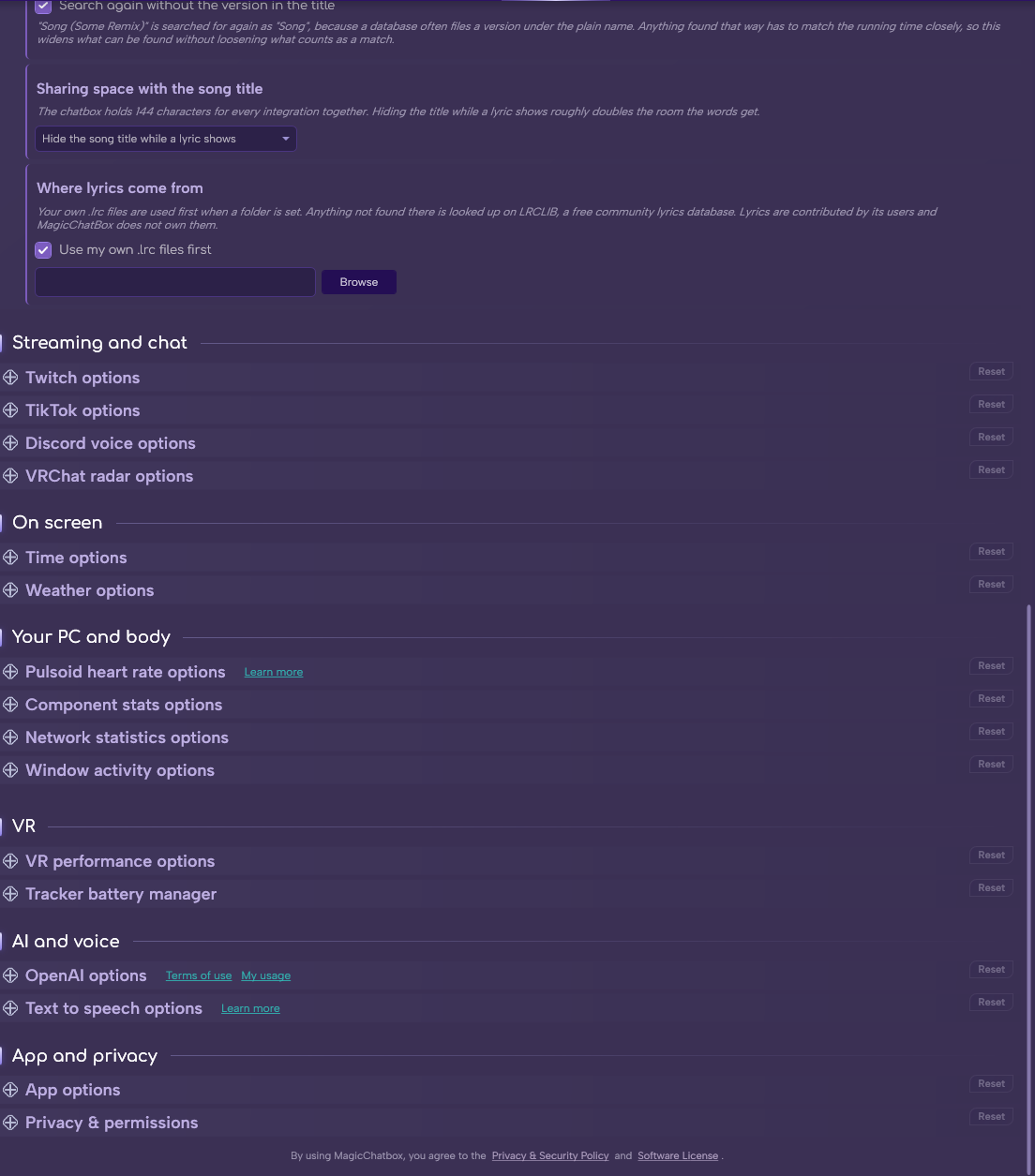 The Lyrics section in Options (continued)