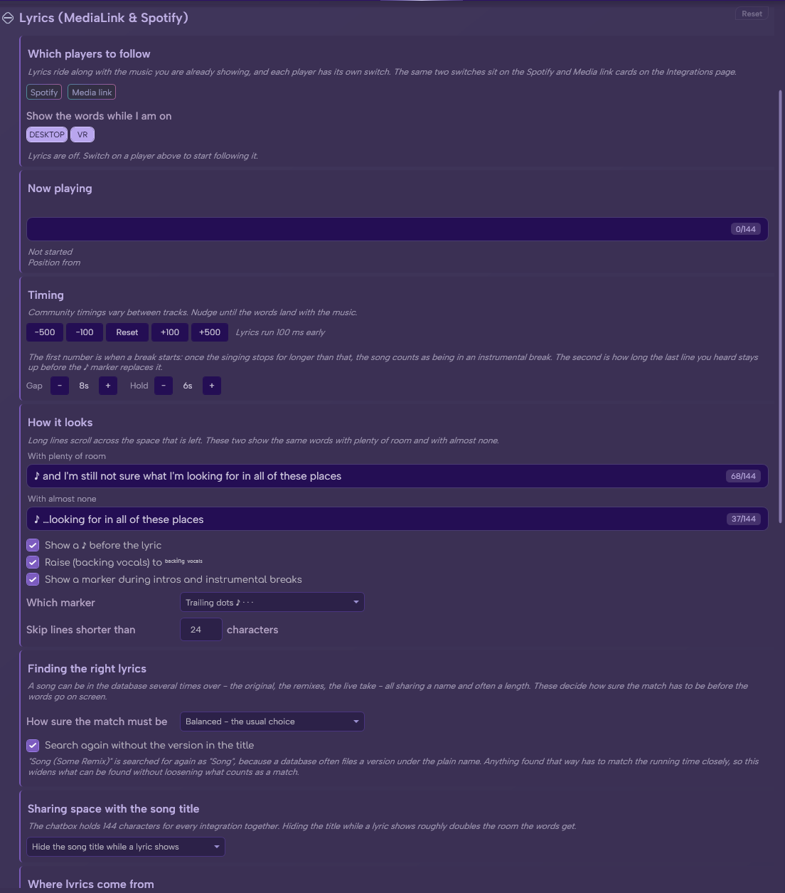The Lyrics section in Options