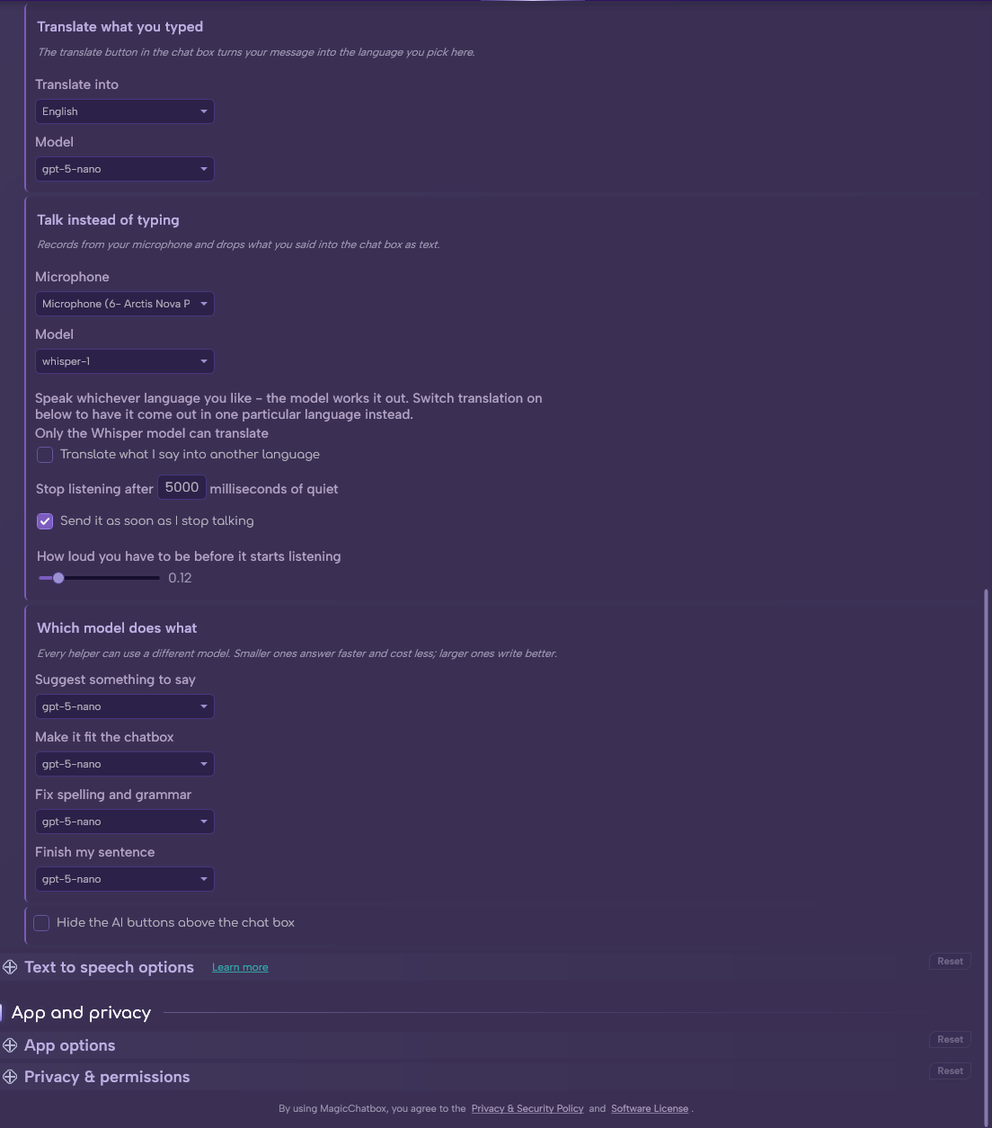 The OpenAI section in Options (continued)