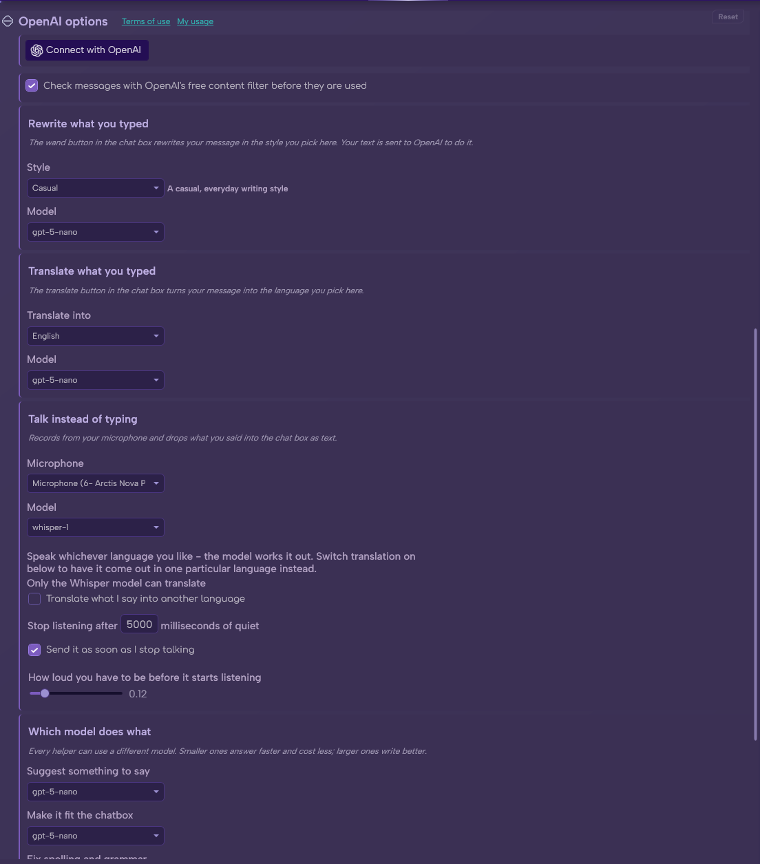 The OpenAI section in Options