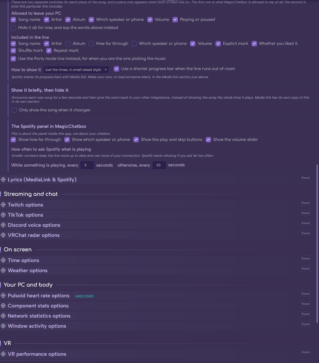 The Spotify section in Options (continued)