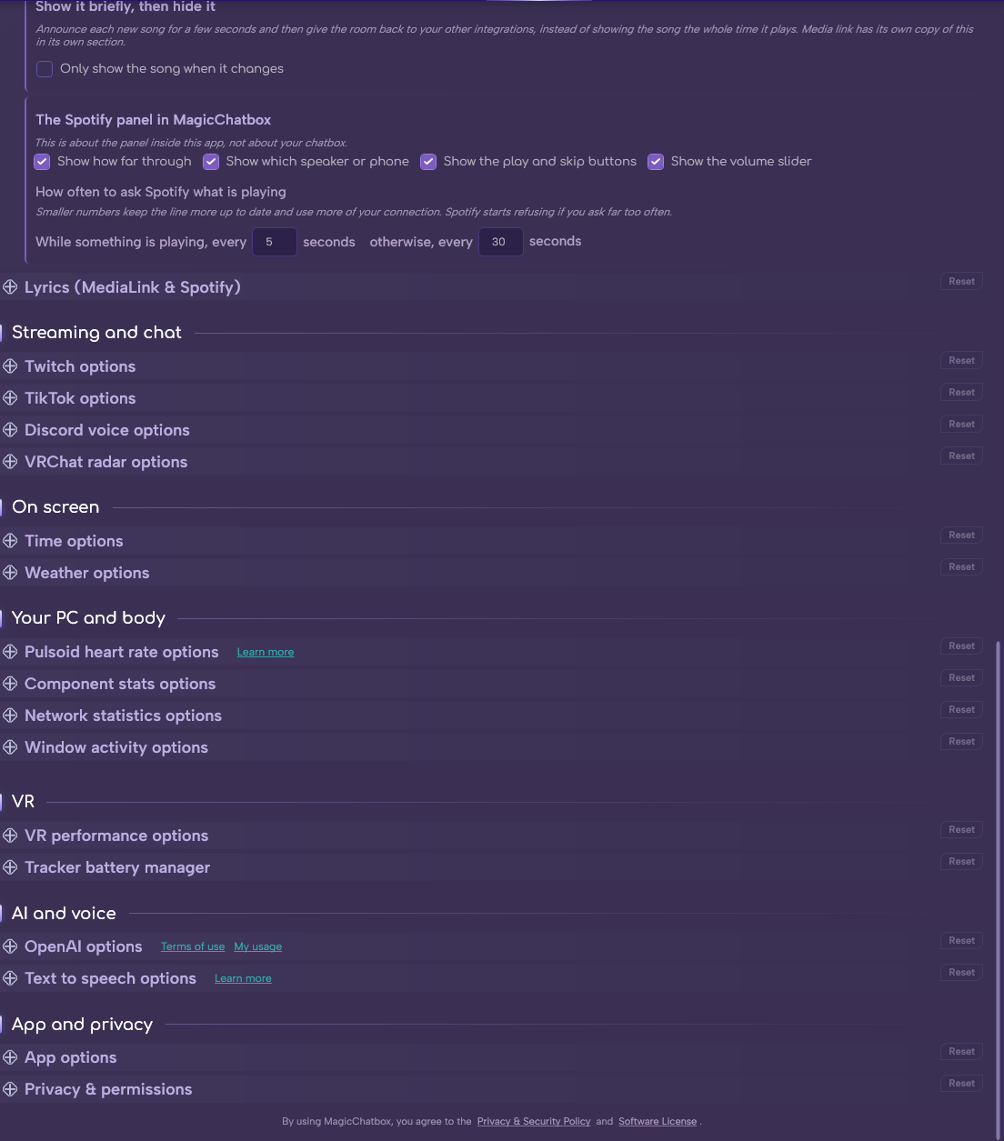 The Spotify section in Options (continued)