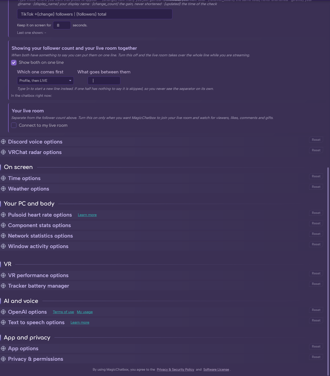 The TikTok section in Options (continued)