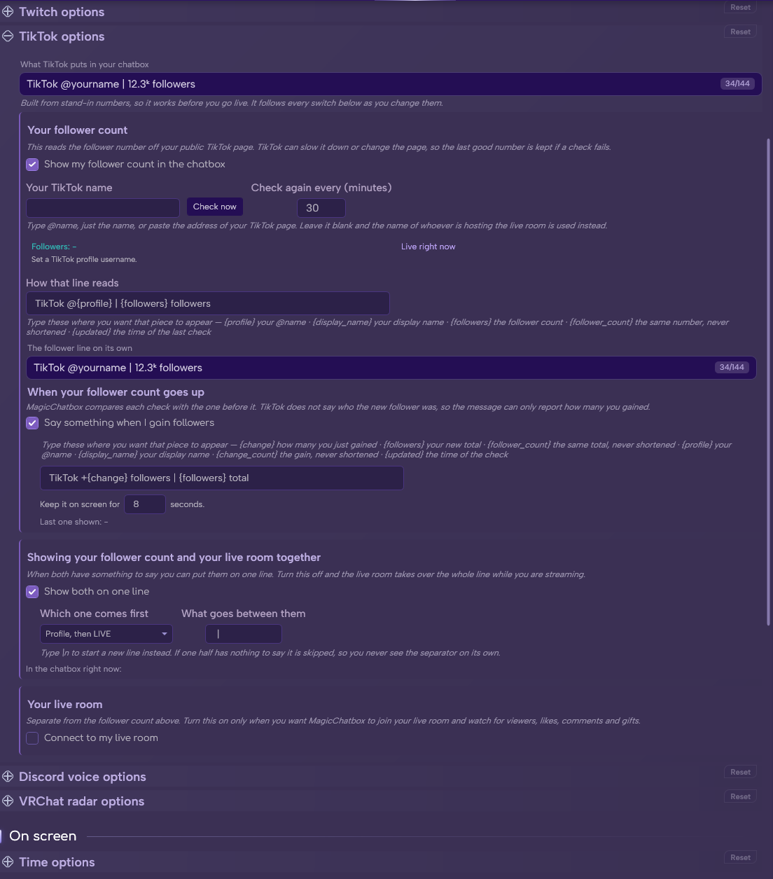 The TikTok section in Options