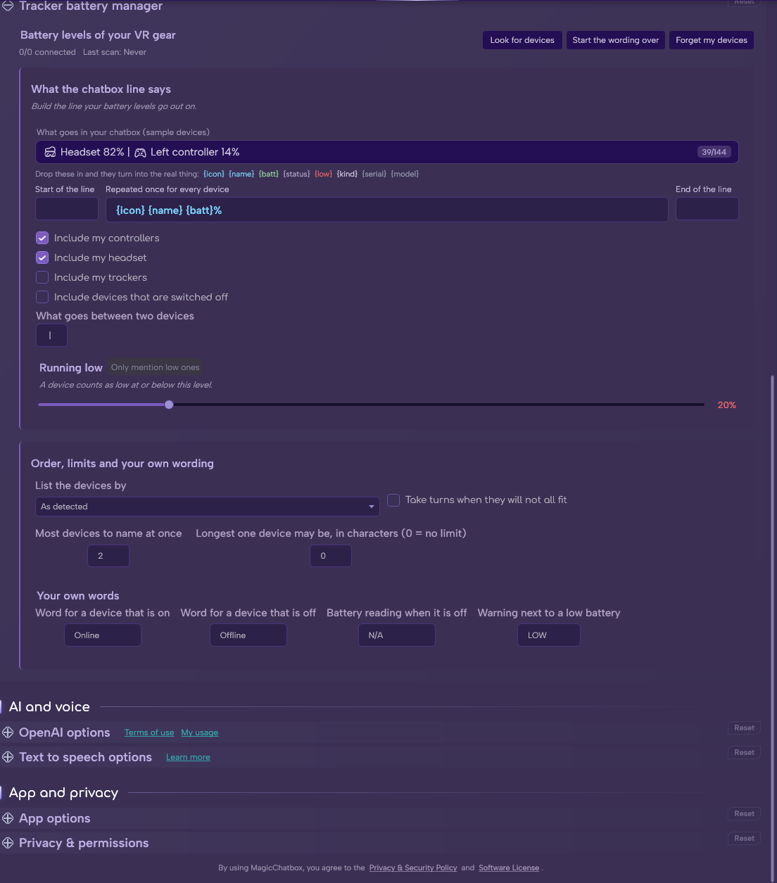 The Tracker battery manager in Options (continued)