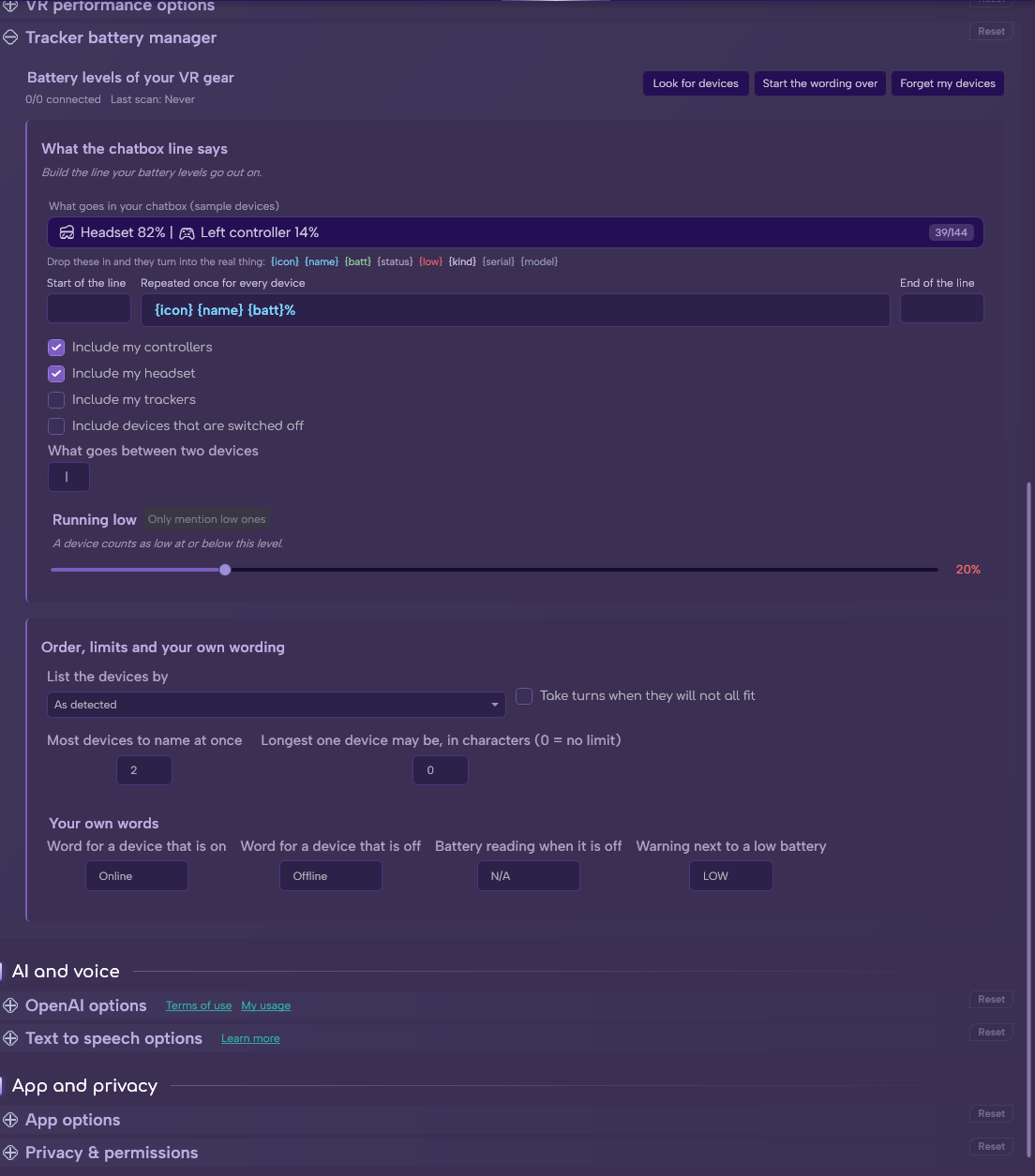 The Tracker battery manager in Options
