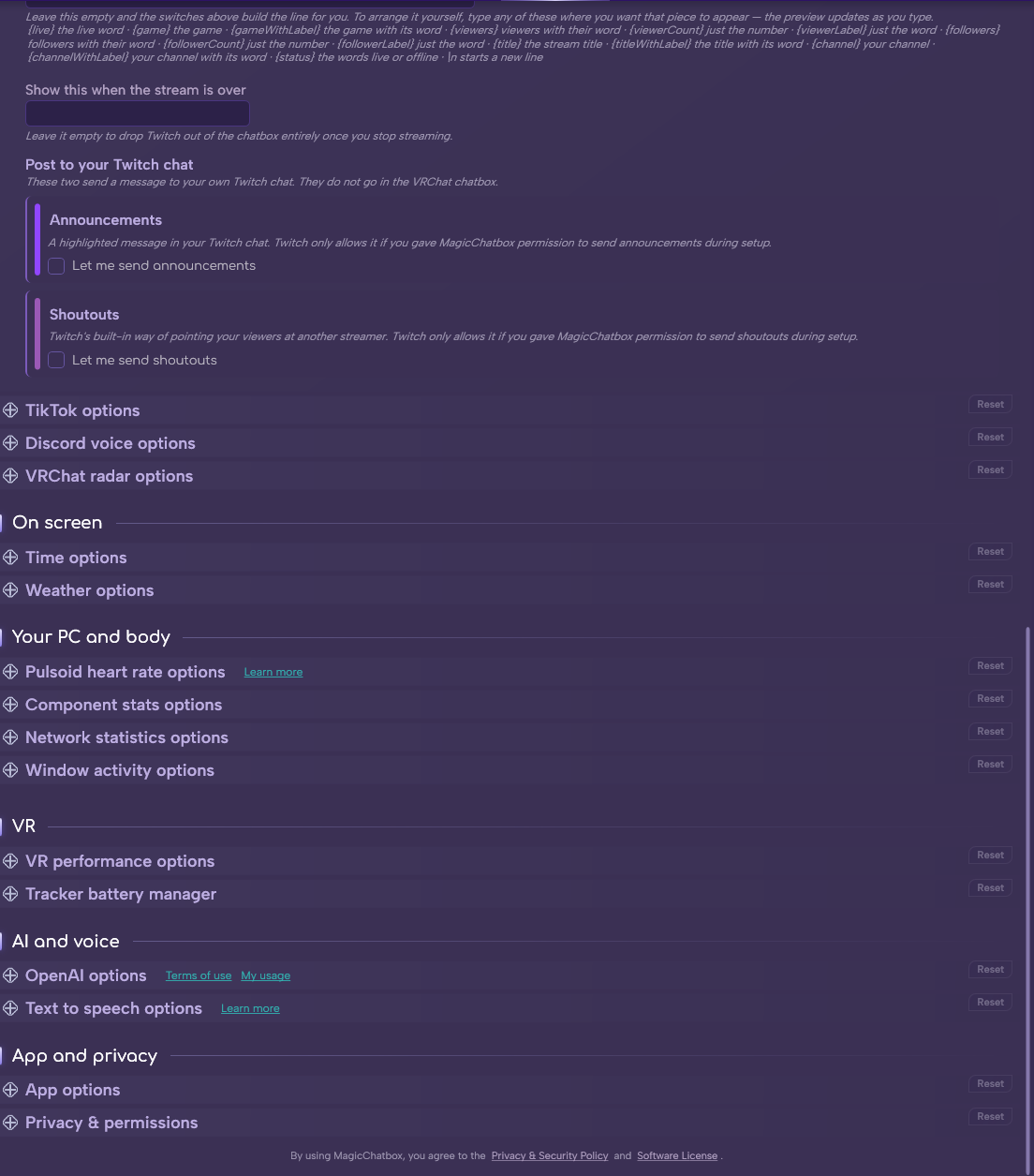 The Twitch section in Options (continued)