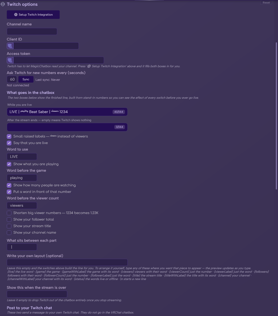 The Twitch section in Options
