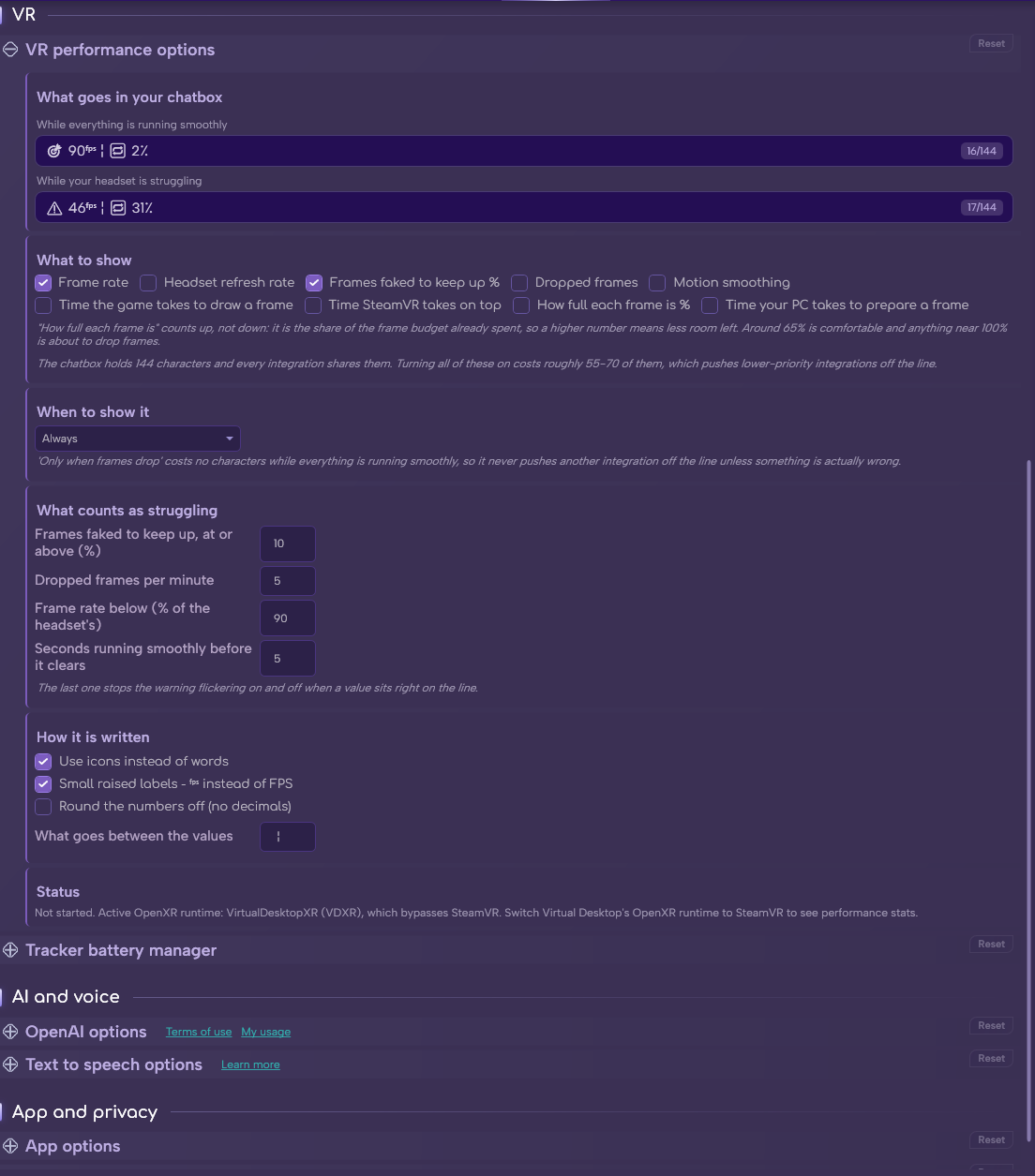 The VR performance section in Options